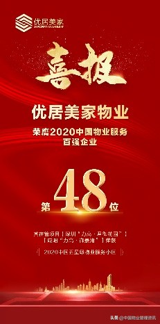 2020年中国百强物业排名,优居美家物业在国内排名