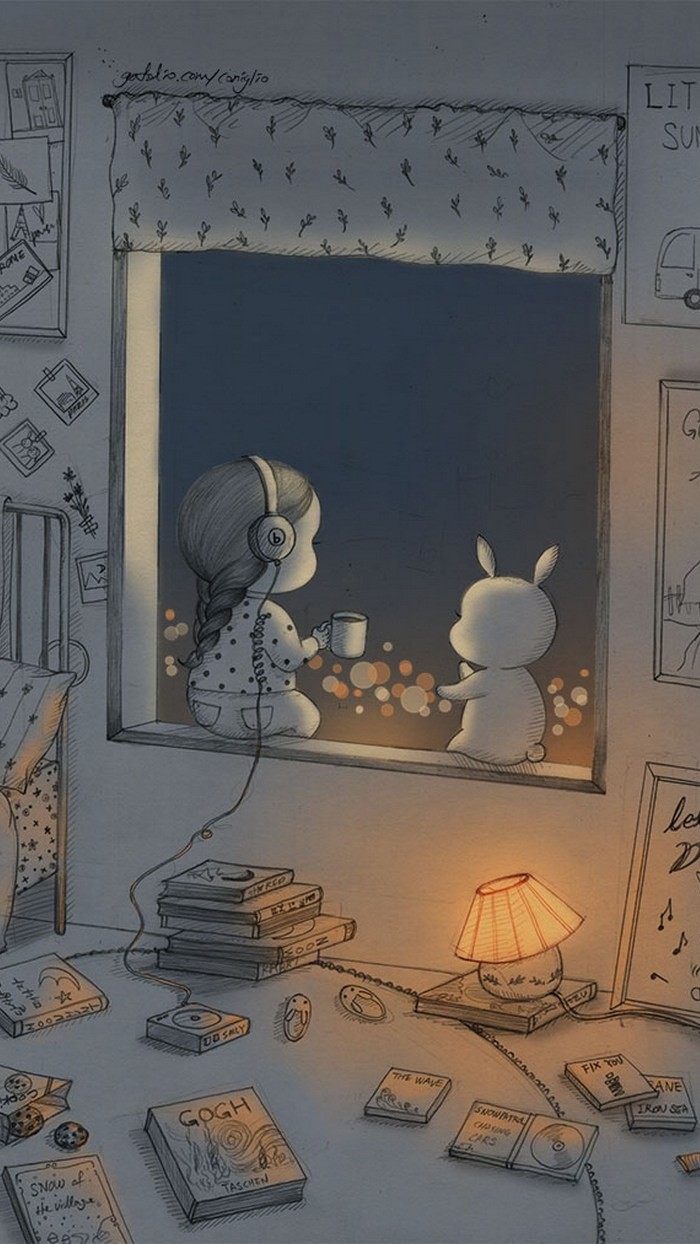 少女与兔子插画,兔子手绘创意插画