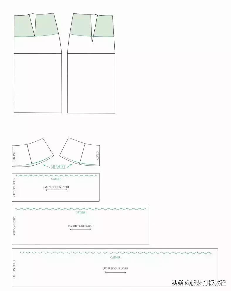 工字褶裙打版结构图,连腰工字褶裙打版