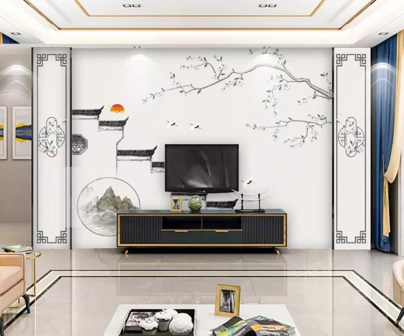 新中式石材背景墙效果图,新中式灰色瓷砖乳胶漆电视背景墙