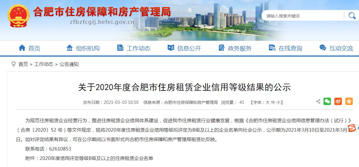 合肥正在公示37家住房租赁企业的信用等级