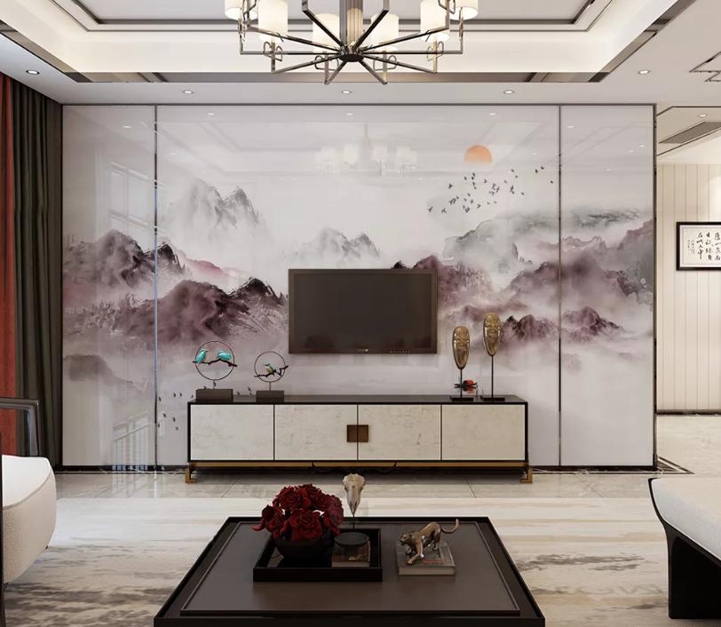 新中式石材背景墙效果图,新中式灰色瓷砖乳胶漆电视背景墙