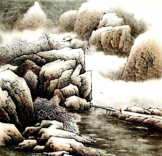 山水画的意境诗词,水墨山水画四尺作品