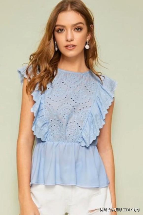 2020蕾丝领时尚气质纯色衬衣,时尚设计荷叶花边纽扣套头衬衫