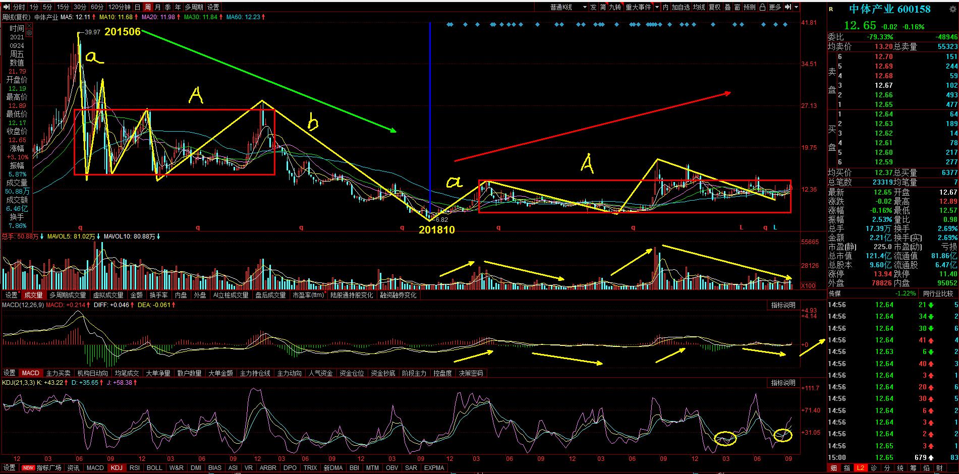 中体产业股票量价分析,600158中体产业明天走势