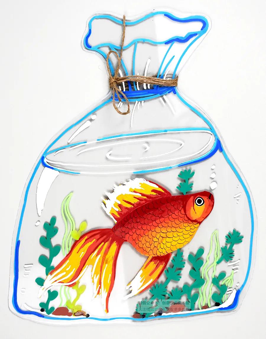 小金鱼吐泡泡儿童画教学目标,彩色小金鱼创意儿童画