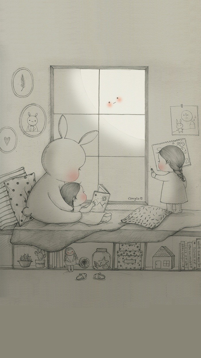 少女与兔子插画,兔子手绘创意插画