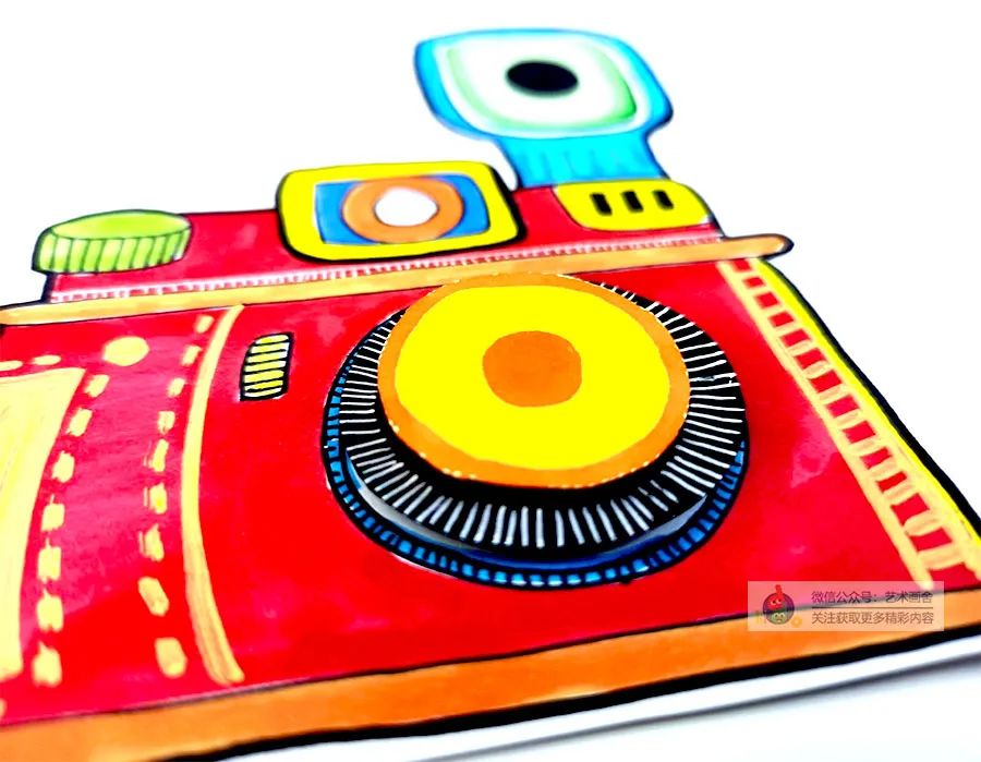 照相机儿童画教程,剪刀画法创意儿童画加背景