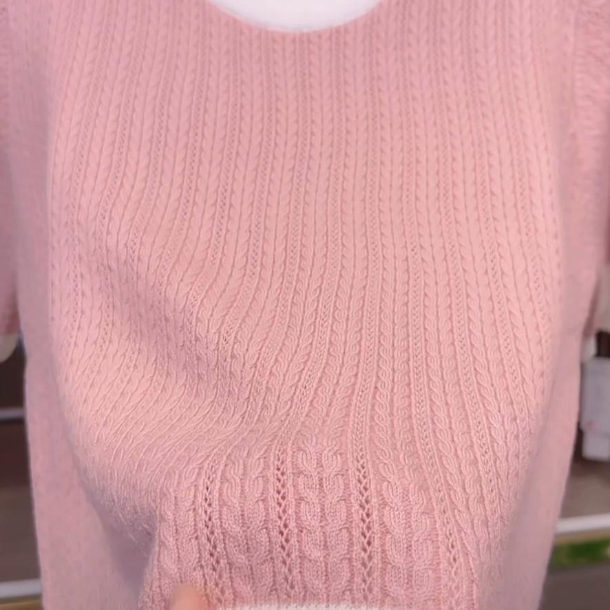 针织衫女夏短袖宽松慵懒感,2024新春夏季薄款镂空针织衫