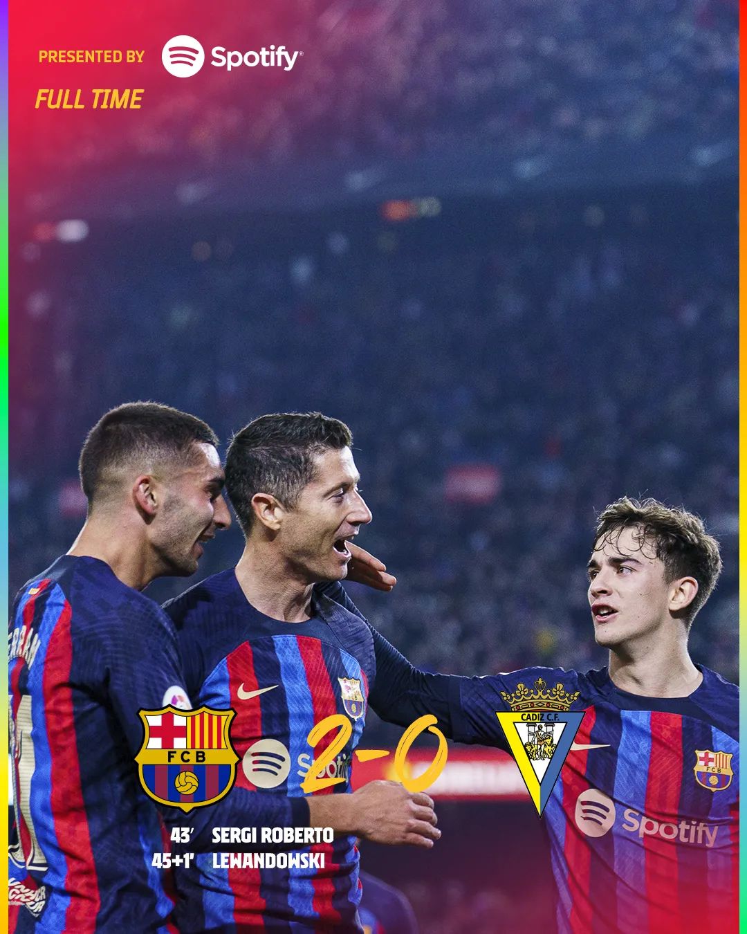 罗贝托一传一射,莱万破门,巴萨主场2-0加的斯!