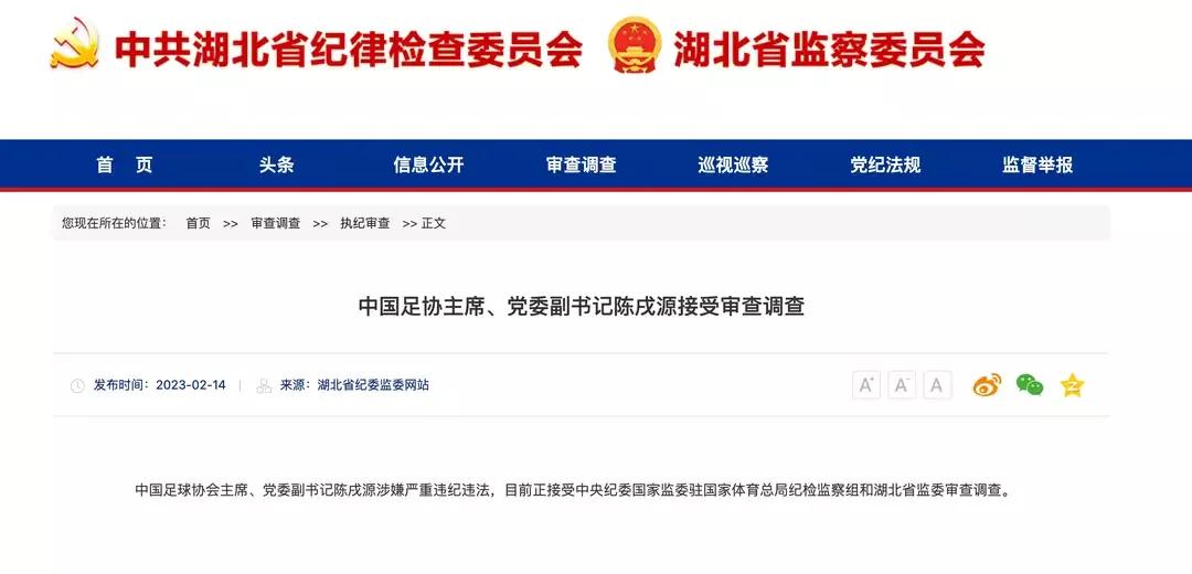 被查，涉嫌严重违纪违法，足协主席陈戌源到底是协查还是被查