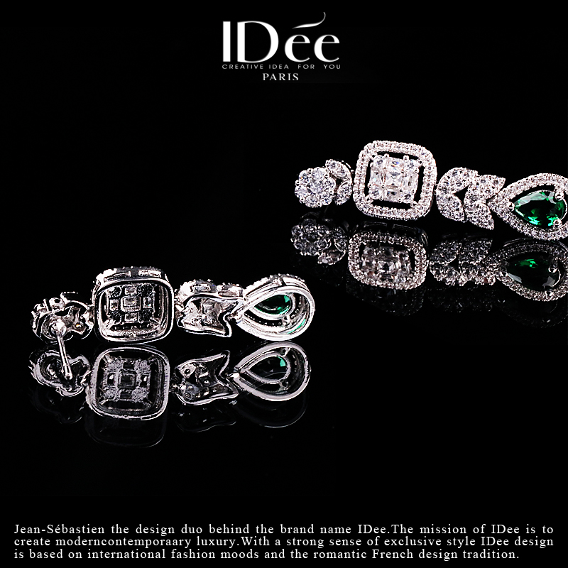 闪耀清新——IDee冷翡闪钻绿宝石耳坠时尚潮牌气质耳钉婚礼配饰