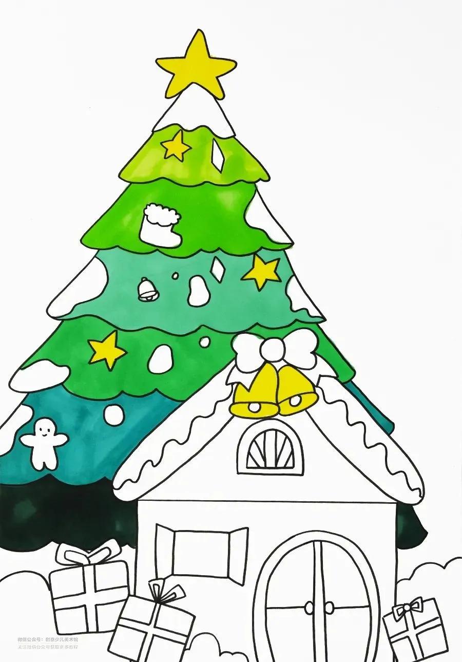儿童画教程｜圣诞节主题美术课程《美丽的圣诞小屋》