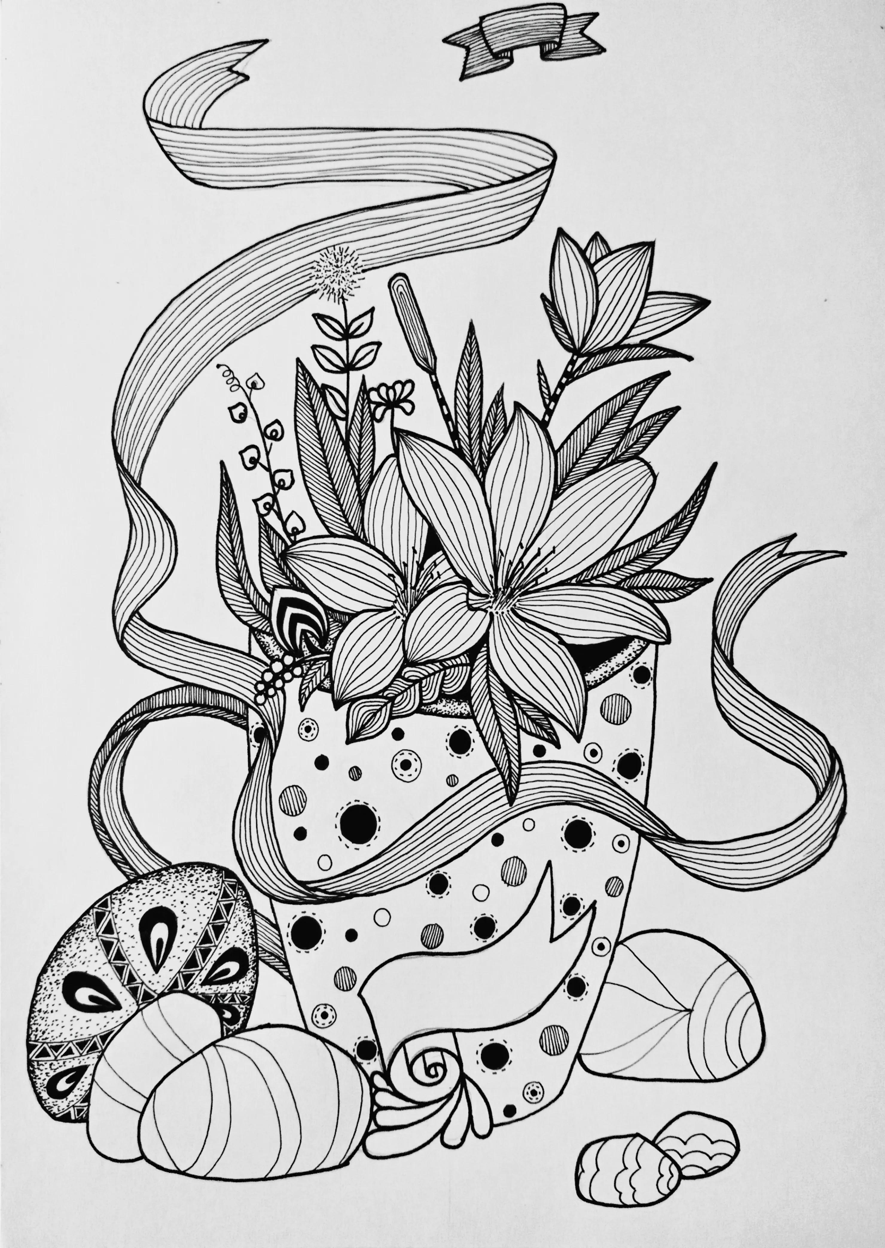 线描画作品花难度中等,高难度黑白线描怎么画教程