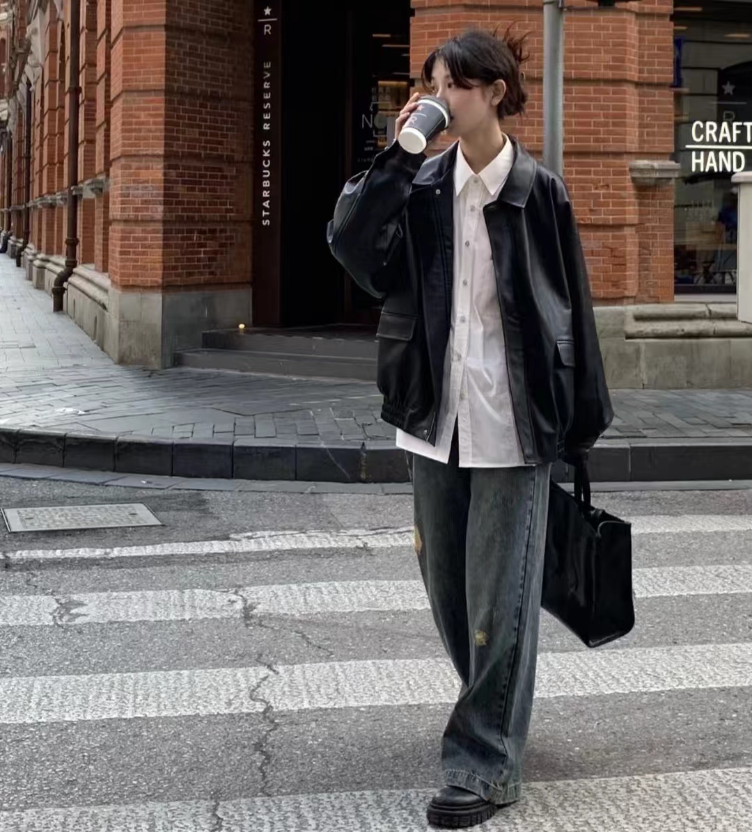 冬季黑色皮衣加棉高级感穿搭,黑色皮衣穿搭女秋冬