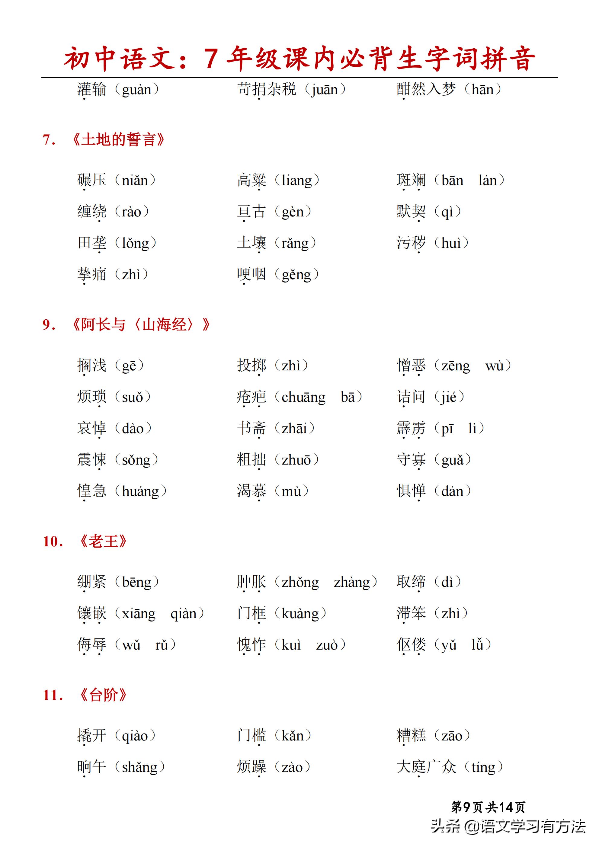 初中语文字词口诀,初中语文字词汇总7-9年级上下册