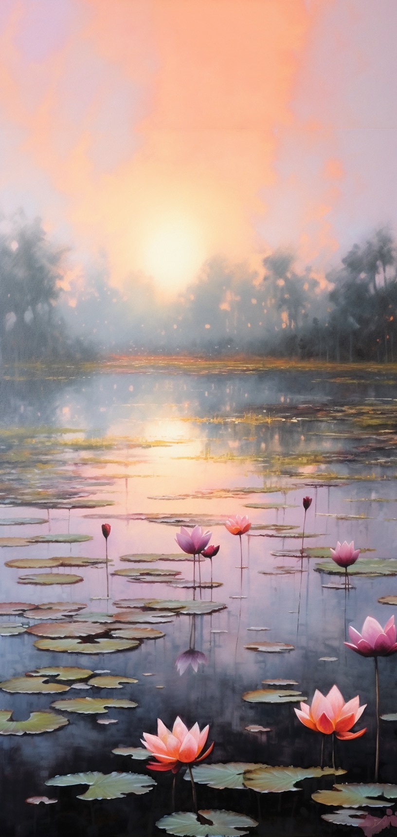 荷塘月色绝美油画,禅意荷塘油画