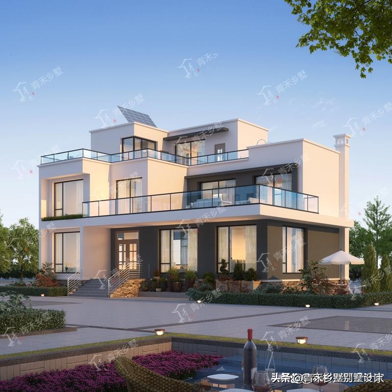 农村二层别墅楼顶露台亭子设计,二层法式复古带露台小别墅外观图