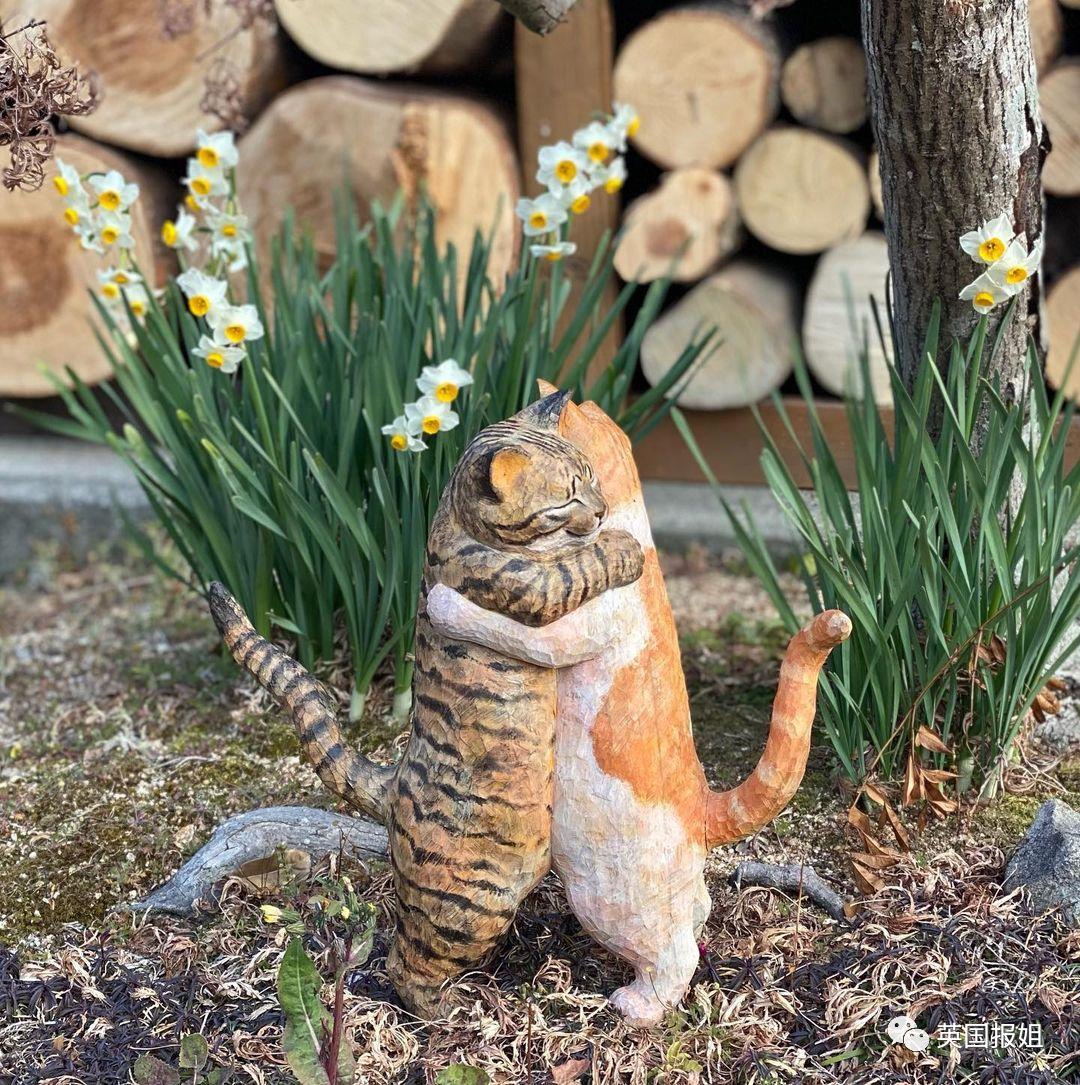 木头雕刻作品猫,手工雕刻木雕小猫