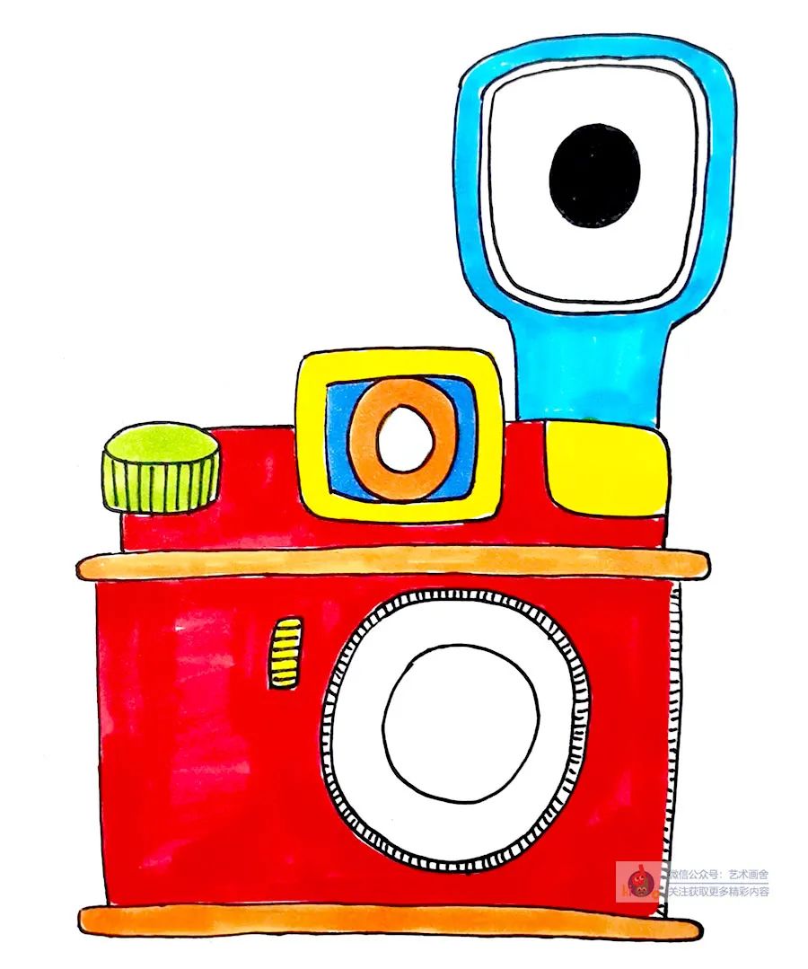 照相机儿童画教程,剪刀画法创意儿童画加背景