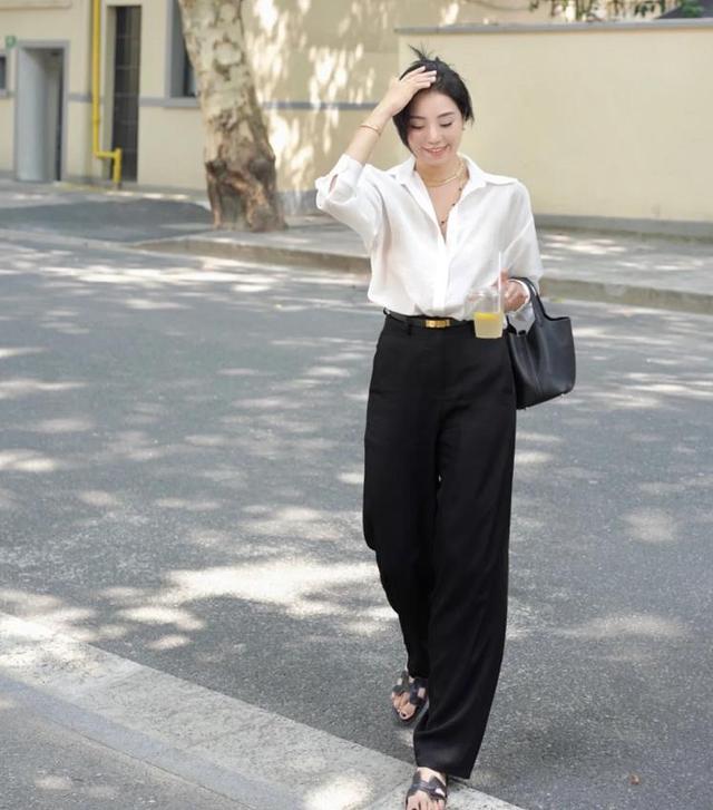 垂感阔腿裤半身长裙,时装衬衫阔腿裤早秋超美气质搭配