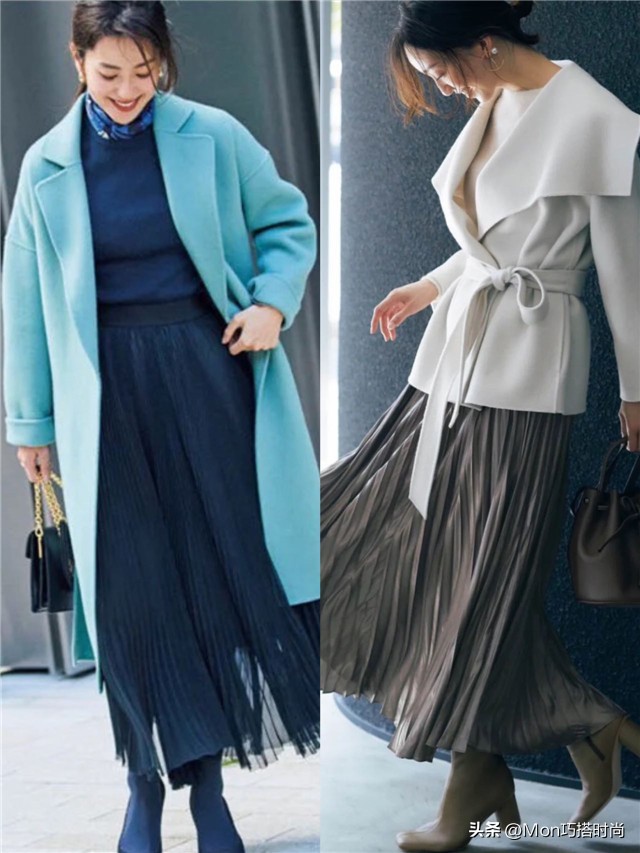 今年流行百褶裙搭大衣,中长款百褶裙搭配大衣