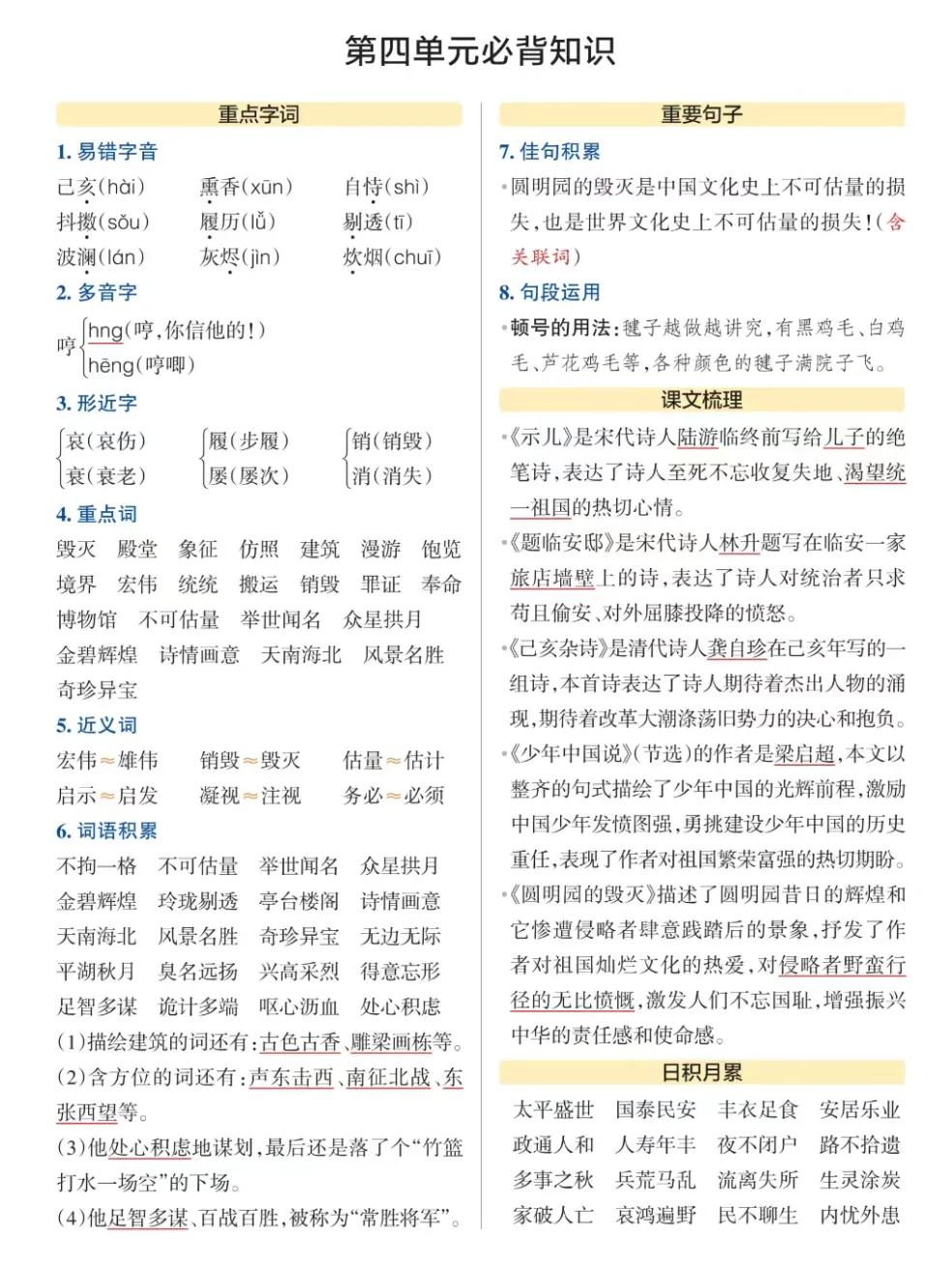 五年级上册语文1-8单元知识点归纳,五年级语文下册1-8单元必背知识点