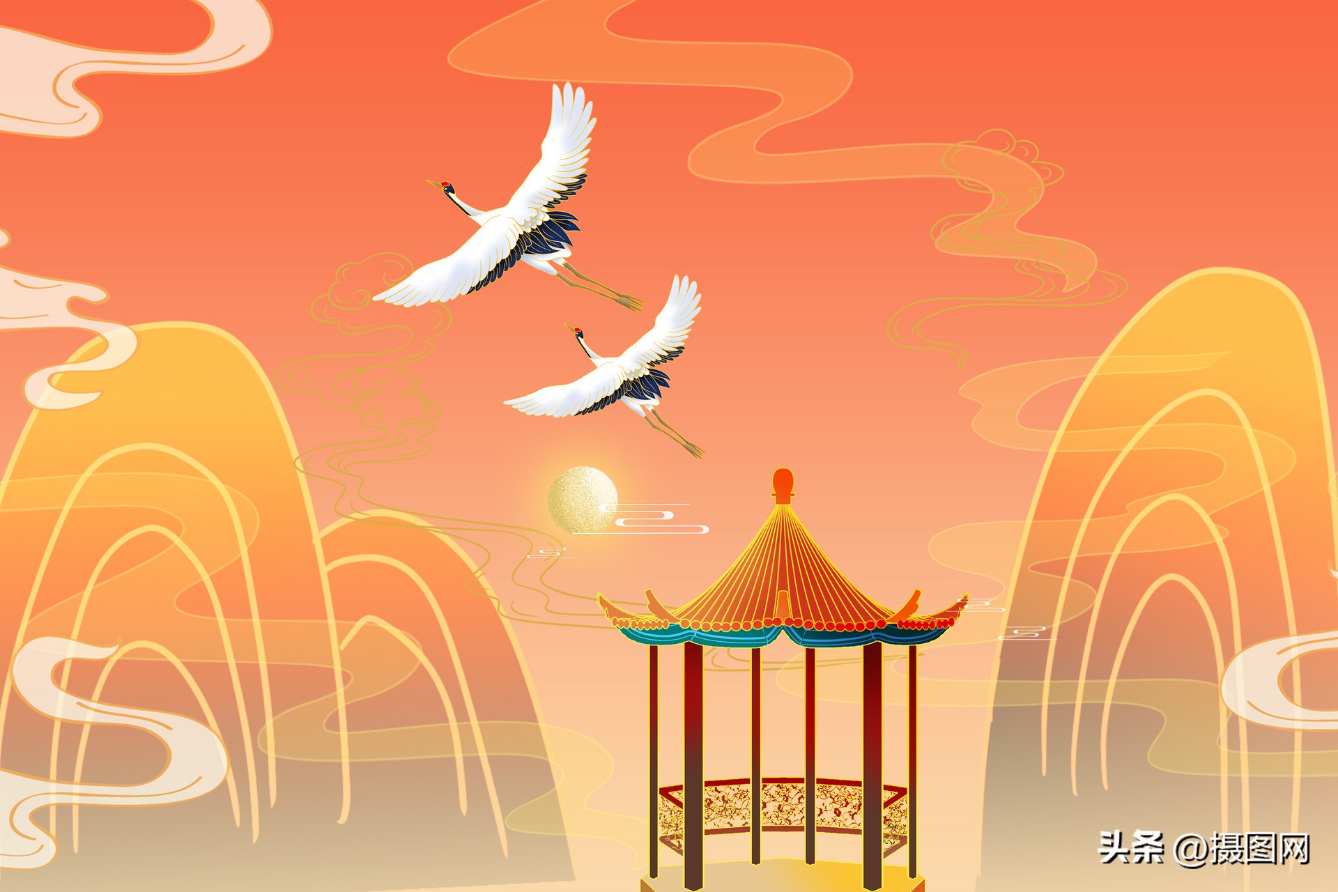 国潮风手绘山水设计素材图文,手绘国潮山水素材背景