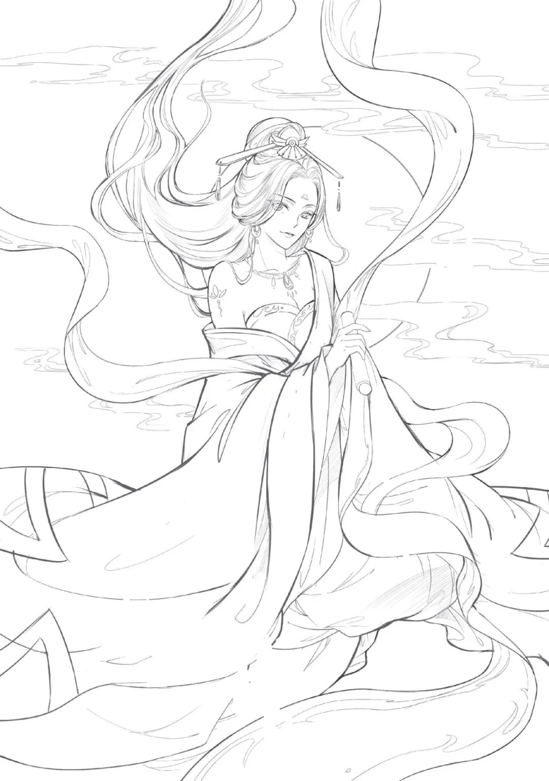 手绘山海经古风人物线稿,手绘动漫古风女生线稿简单