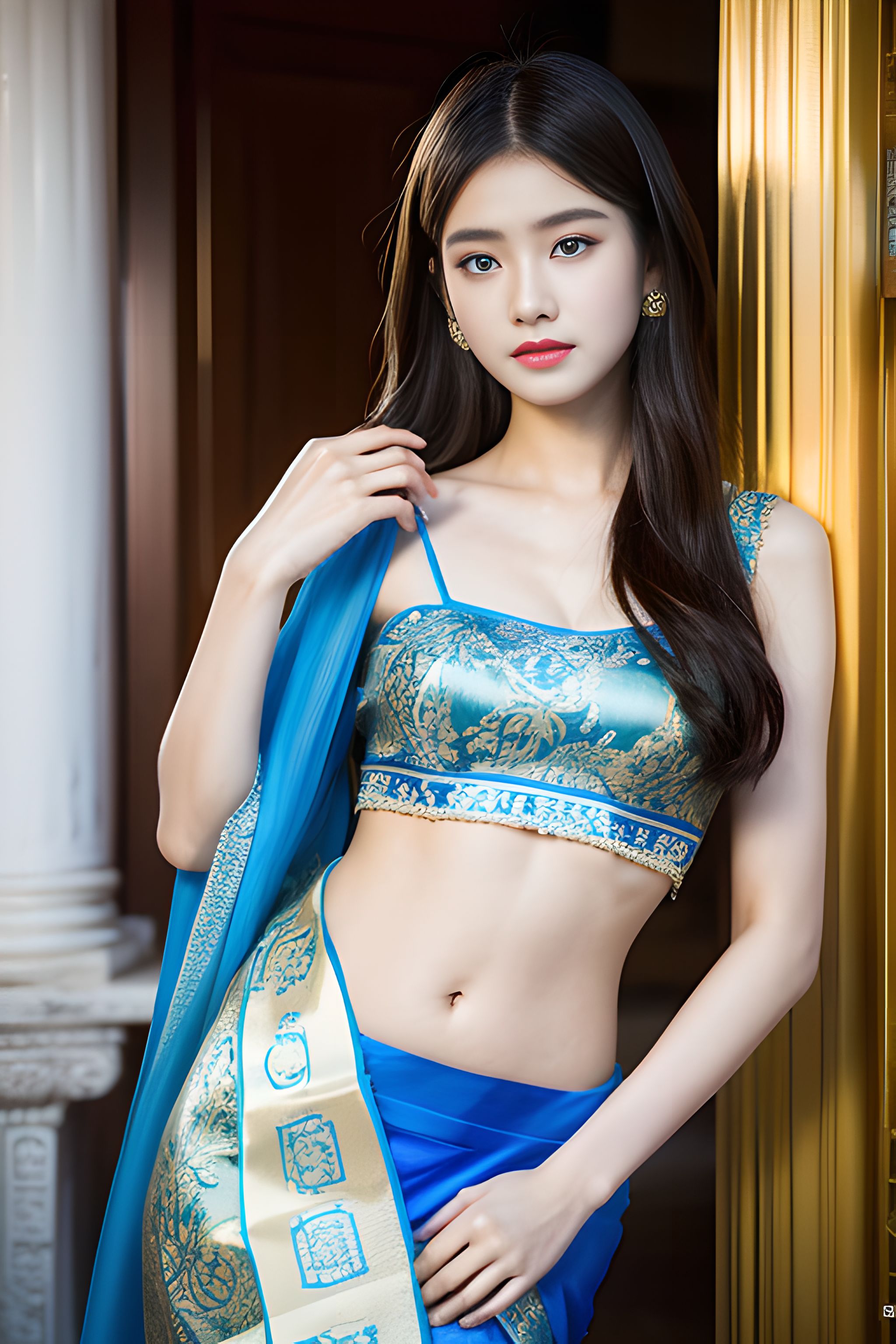 一袭青衣薄纱轻盈灵动,纱丽的穿衣搭配