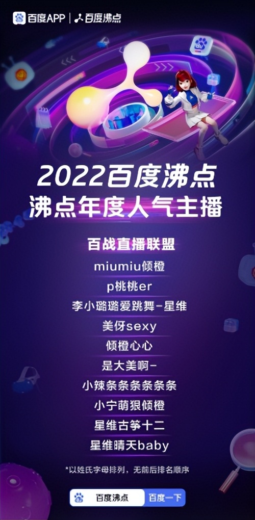 2022百度沸点年度人气主播榜单出炉百战直播首次亮相公布TOP10主播