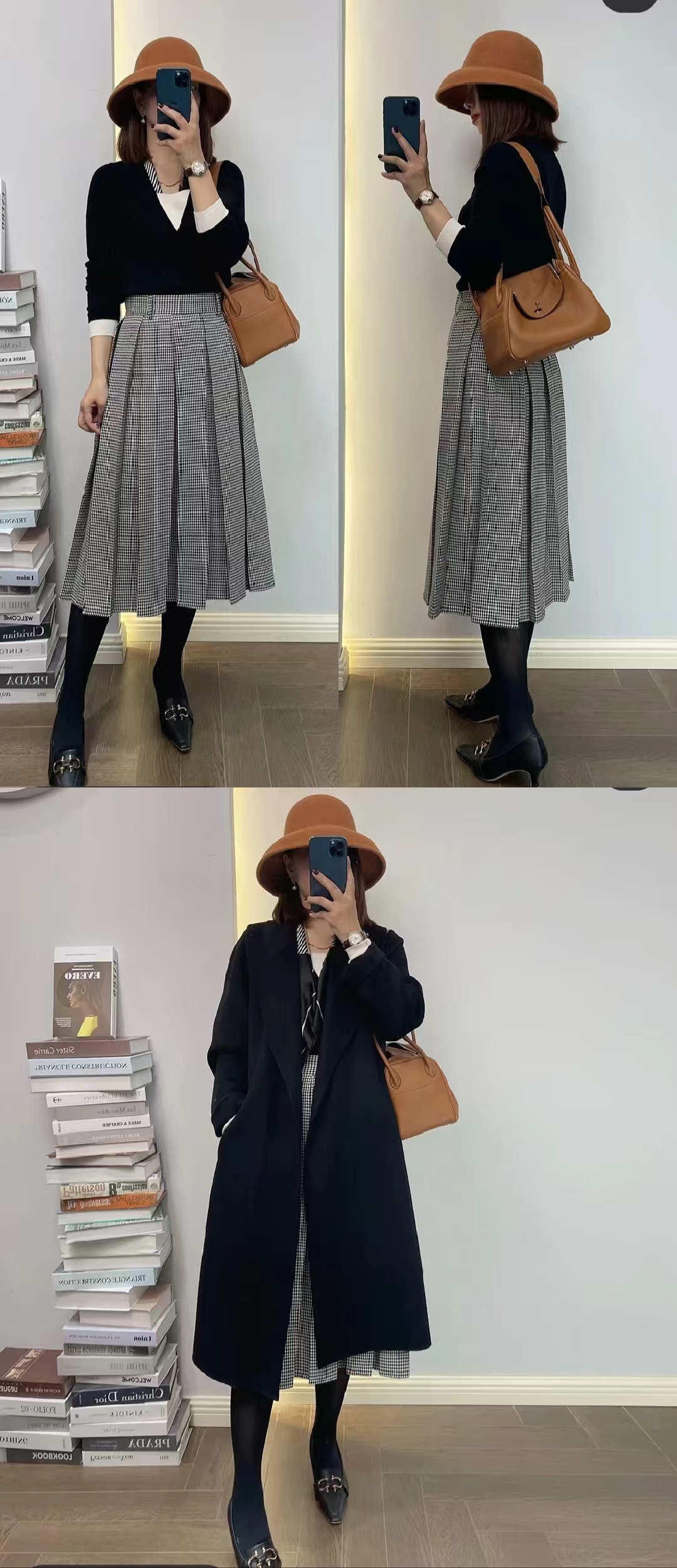 千鸟格半身裙秋冬款a字版30岁,黑白千鸟格半身裙配原绒色毛衫