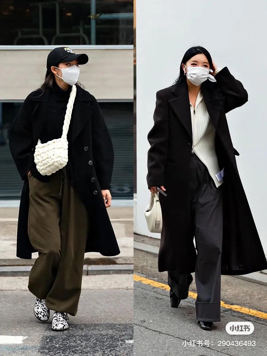 韩国小姐姐学院风大衣内搭,韩国冬季小姐姐黑大衣穿搭