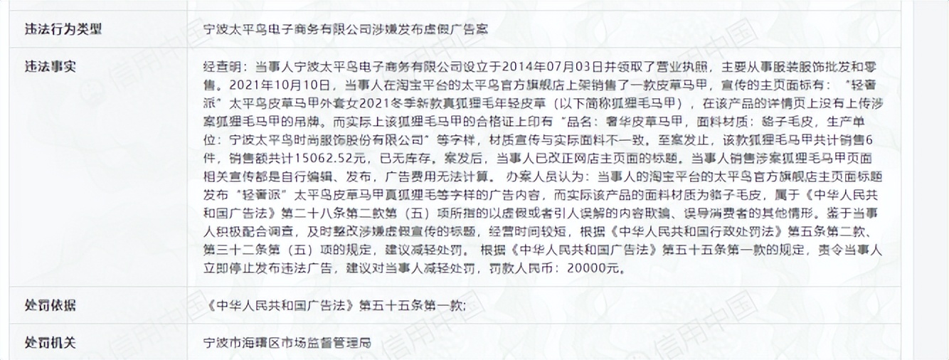 太平鸟虚假宣传被罚,太平鸟多次被控抄袭