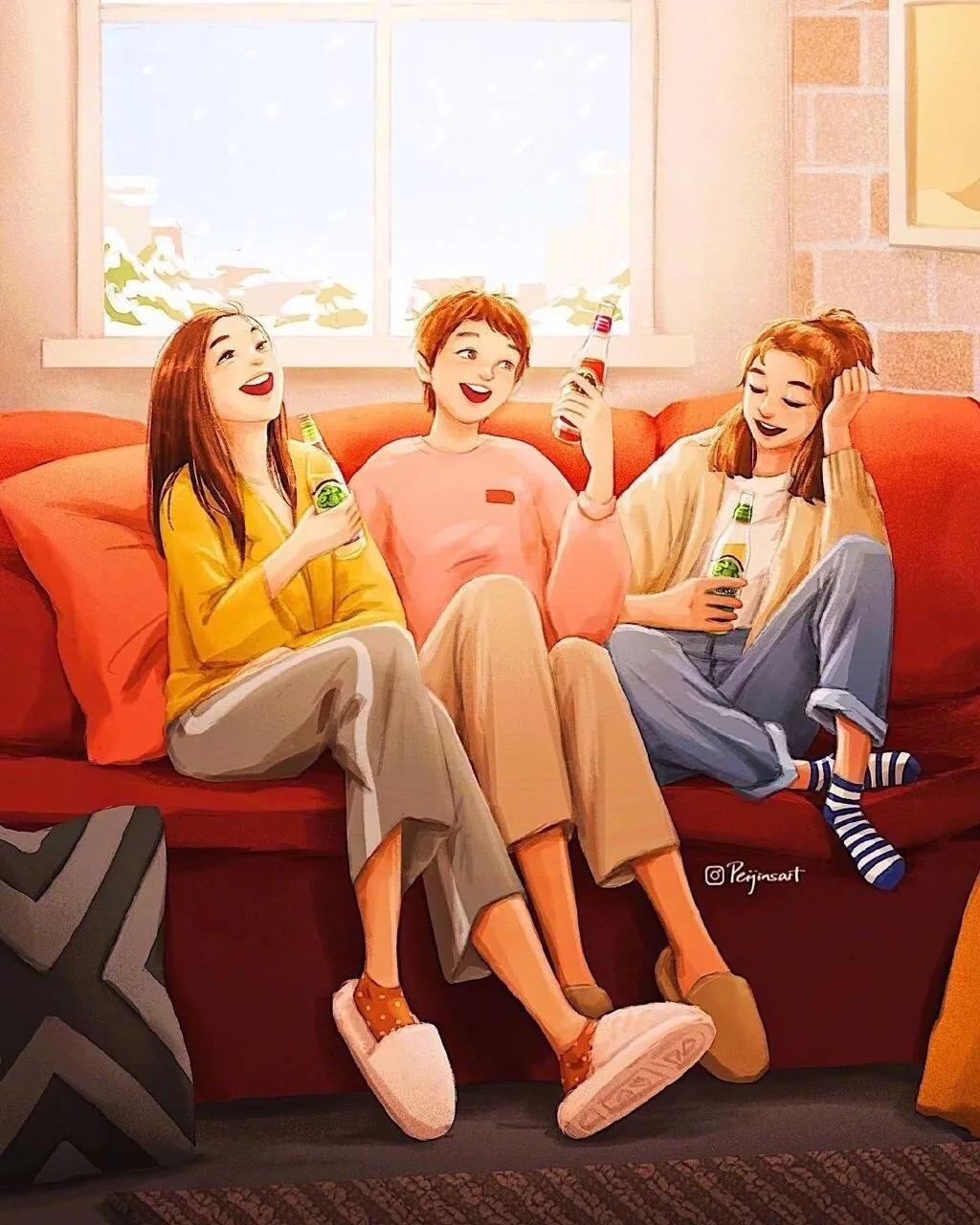 「治愈插画头像」姐妹成队快乐加倍