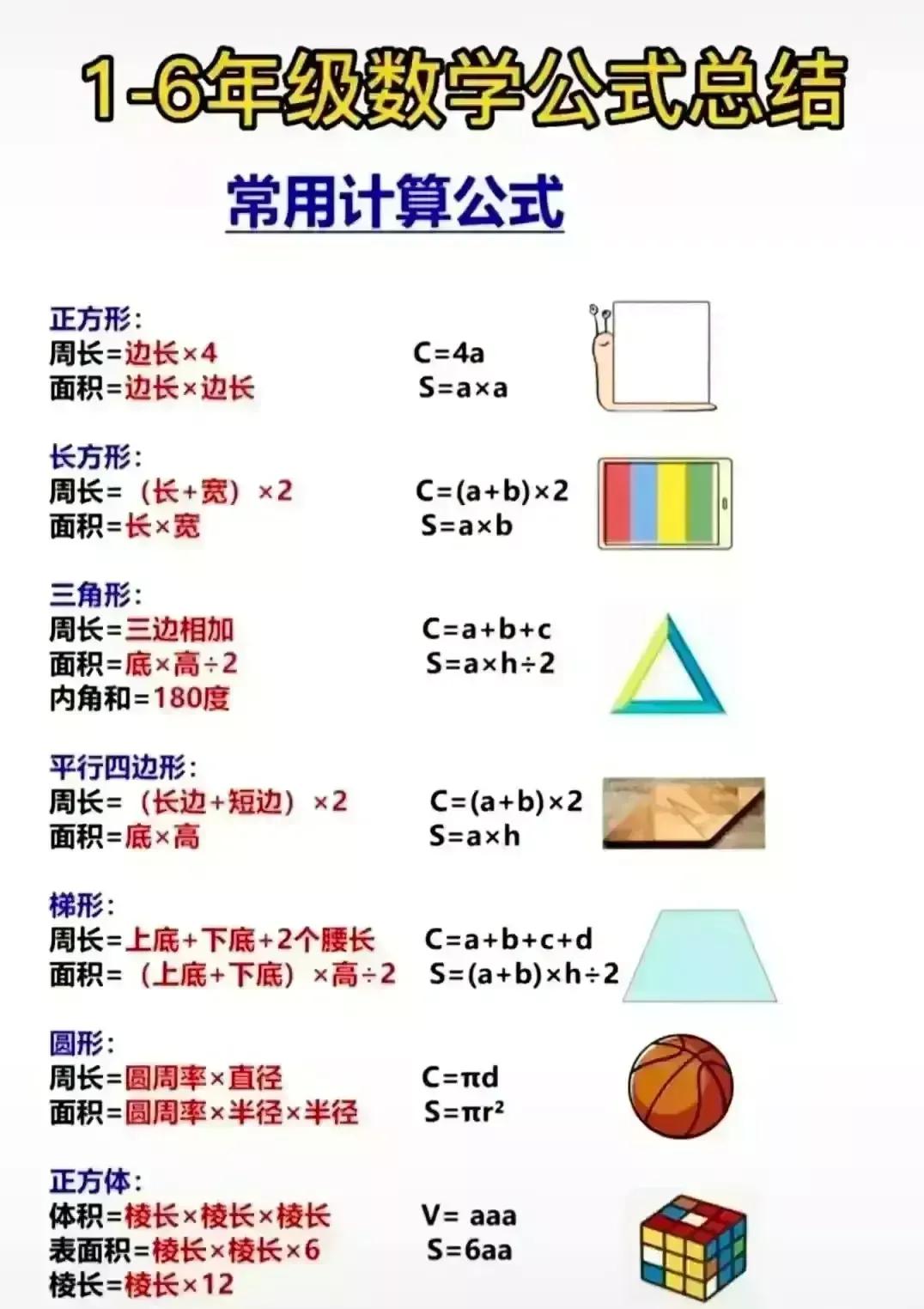 小学1-6年级数学万能公式表,小学生1-6年级数学必背公式大全