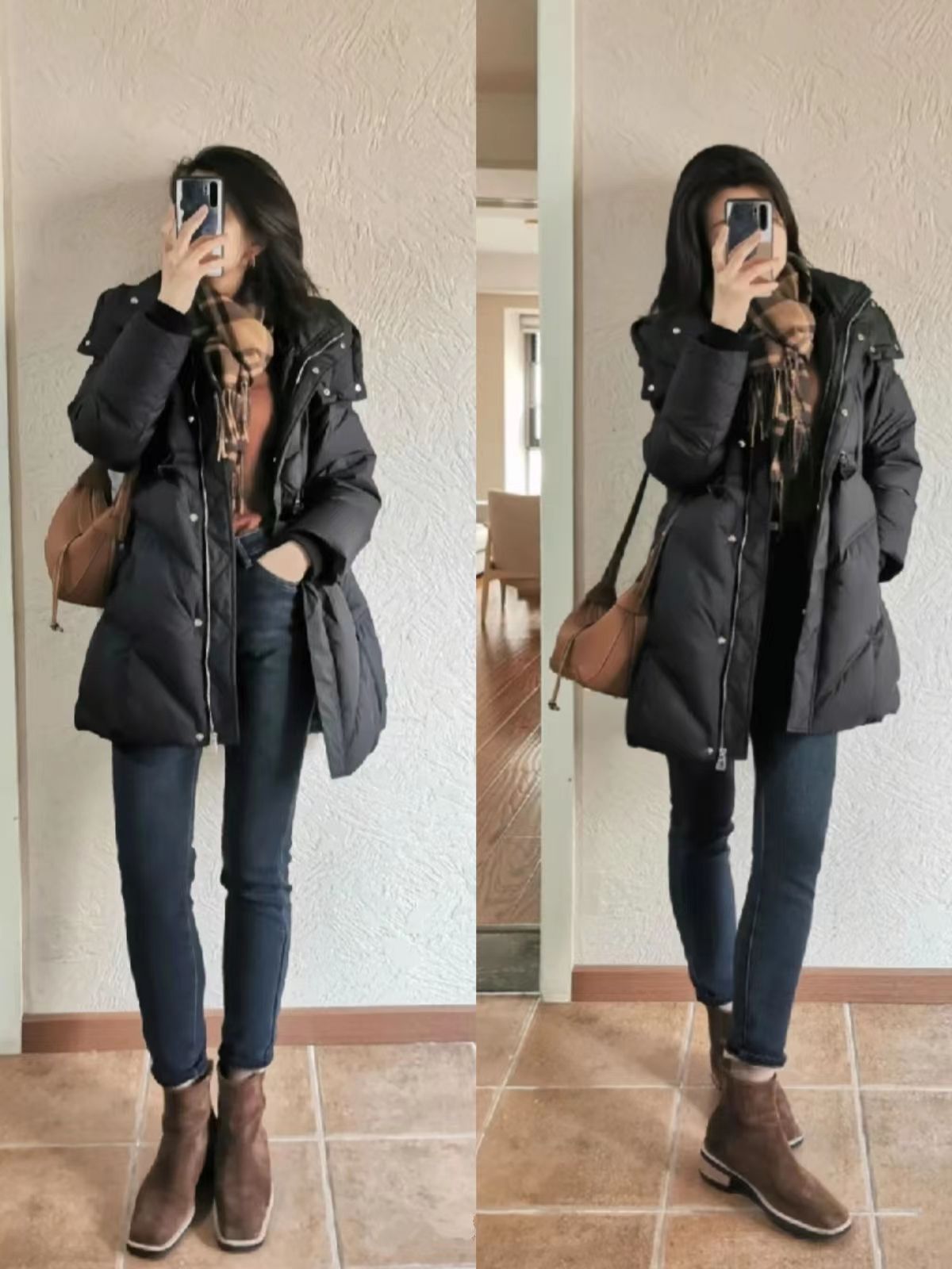 过时的羽绒服大衣怎样穿搭,黑色带帽羽绒服外套怎么搭配好看