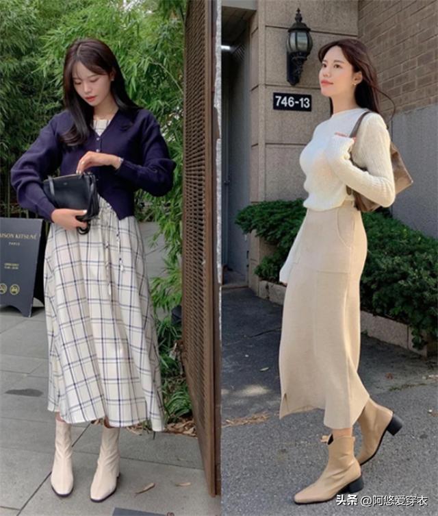 米色长筒靴秋冬穿搭,米白色马丁靴秋季穿搭