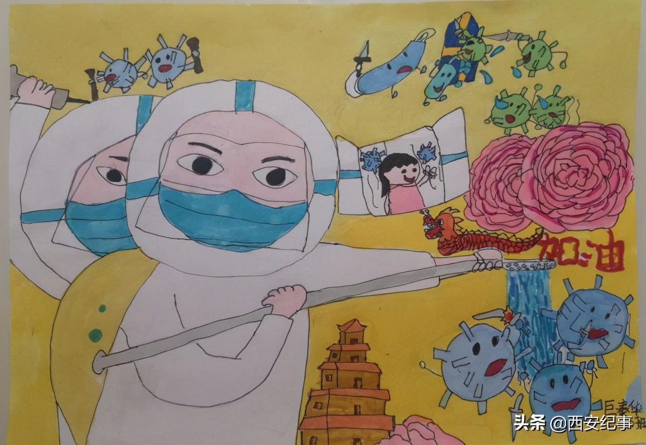 童心共绘抗击疫情的绘画作品,童心抗疫致敬先锋美术作品