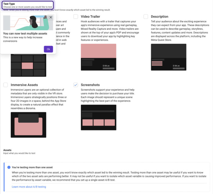 Meta为QuestStore的App产品页面更新A/B测试功能
