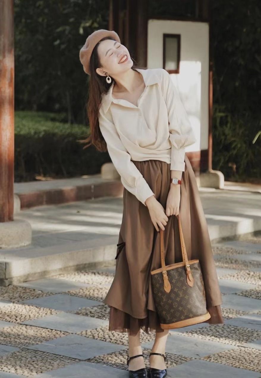 知性优雅穿搭白衬衫裙子,格子衬衣穿搭牛仔半裙女秋冬