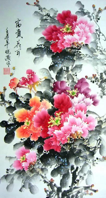 名家写意孔雀牡丹横幅画图片大全,国画写意牡丹画作品名家