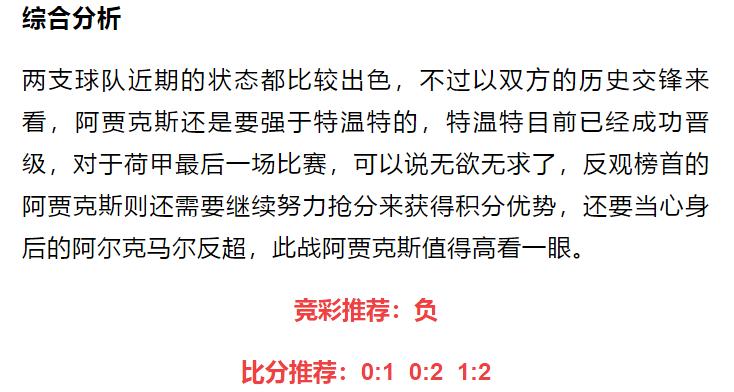 特温特阿贾克斯比分预测,特温特vs阿贾克斯北单赔率