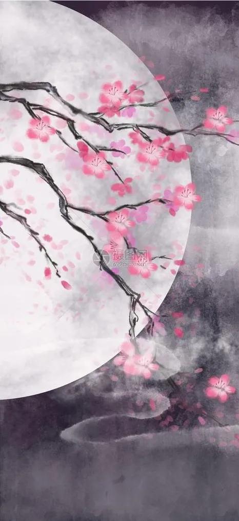 水边桃花月亮唯美图片,月亮竹影唯美图片