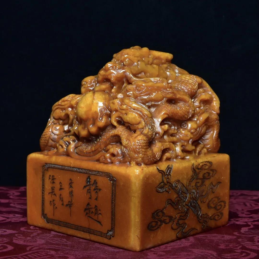 清代寿山石芙蓉冻田黄印章,回流老寿山田黄石雕龙凤呈祥砚台