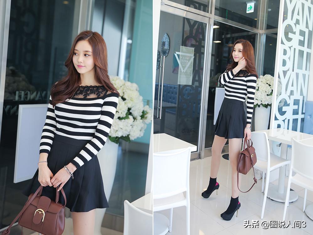 孙允珠红色毛衣配白色百褶裙,孙允珠白色蓝条纹包臀裙搭配