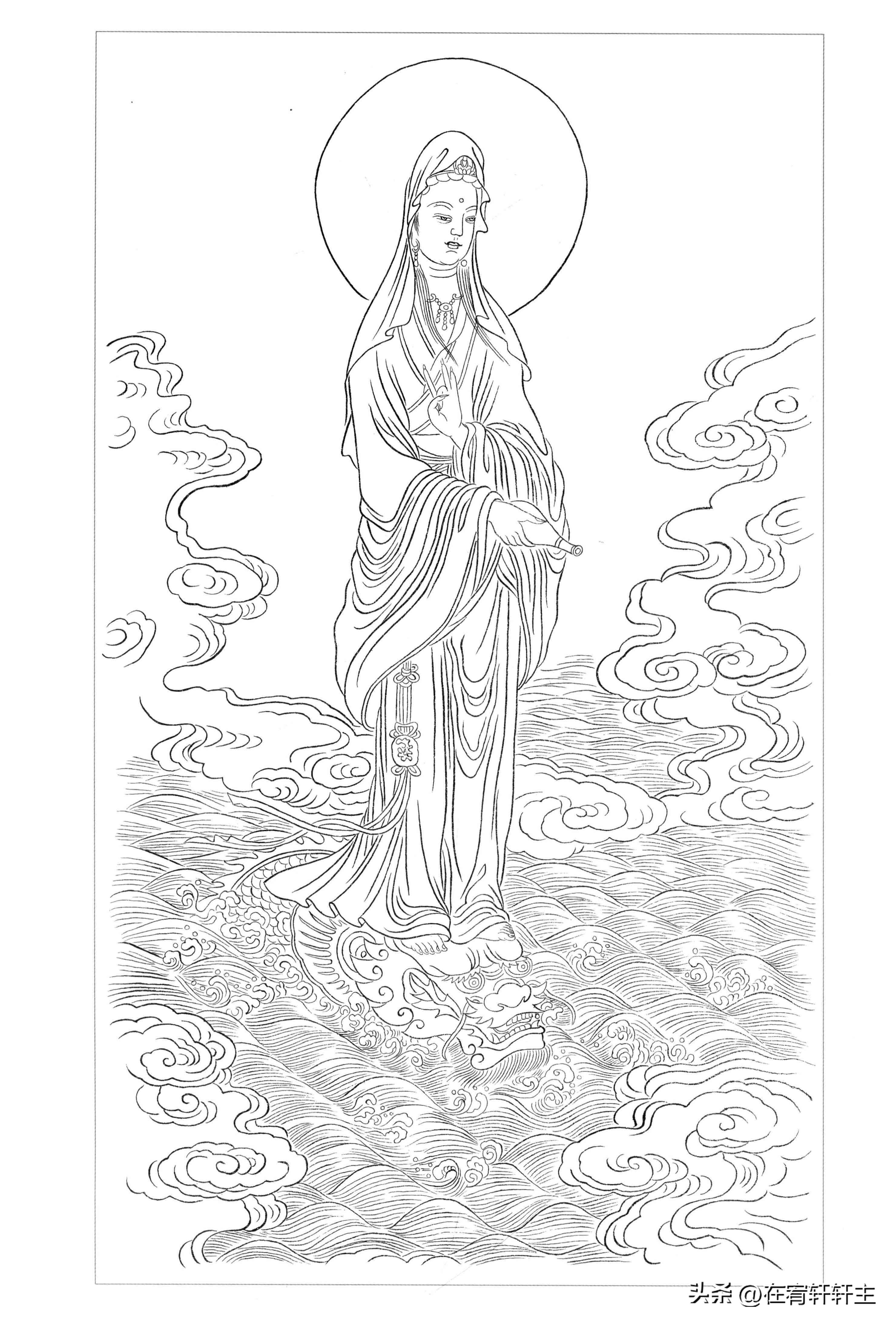 工笔白描观音苏柏斗,工笔画国画白描观音