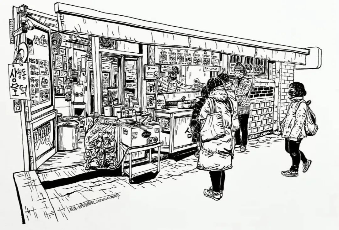 日本画家创作的铅笔街景速写,韩国速写大师