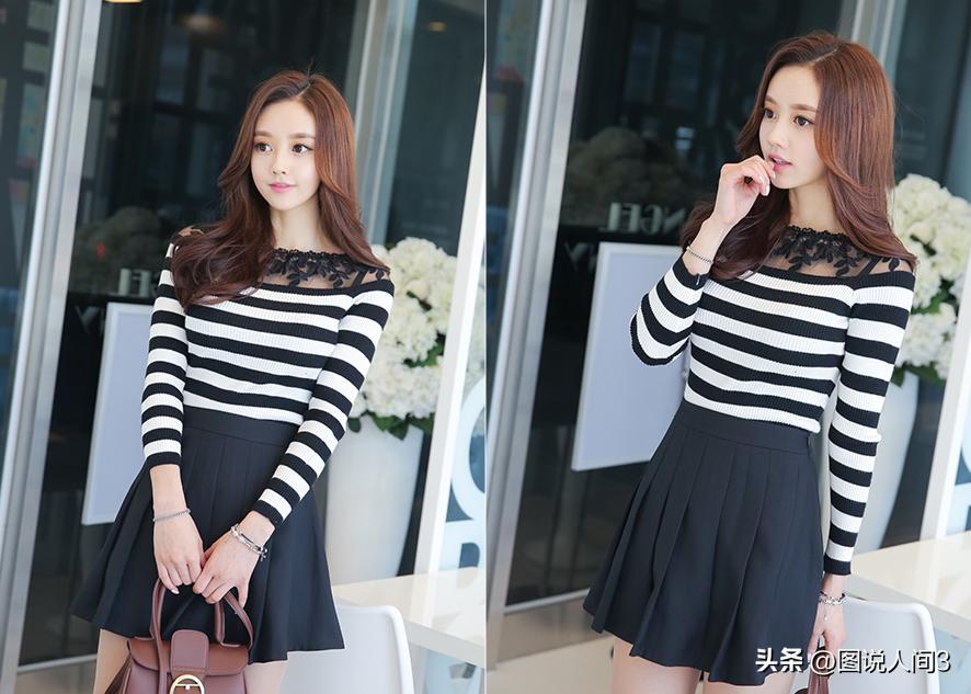 孙允珠红色毛衣配白色百褶裙,孙允珠白色蓝条纹包臀裙搭配