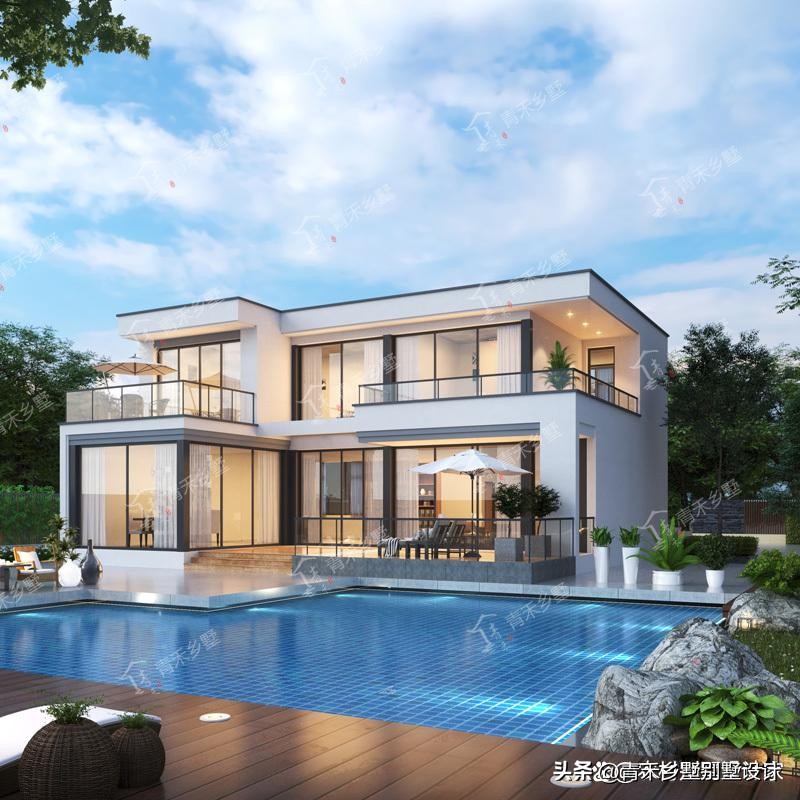 农村二层别墅楼顶露台亭子设计,二层法式复古带露台小别墅外观图